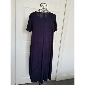 Zenana Viscose Stretch Jersey Short  Sleeve Round Neck A Line Dress Navy Sz (L)